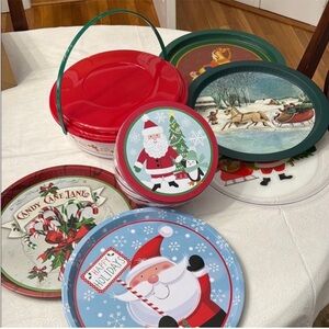 7 piece Festive Holiday Plate and Tin Set with Santa and Sleigh Designs